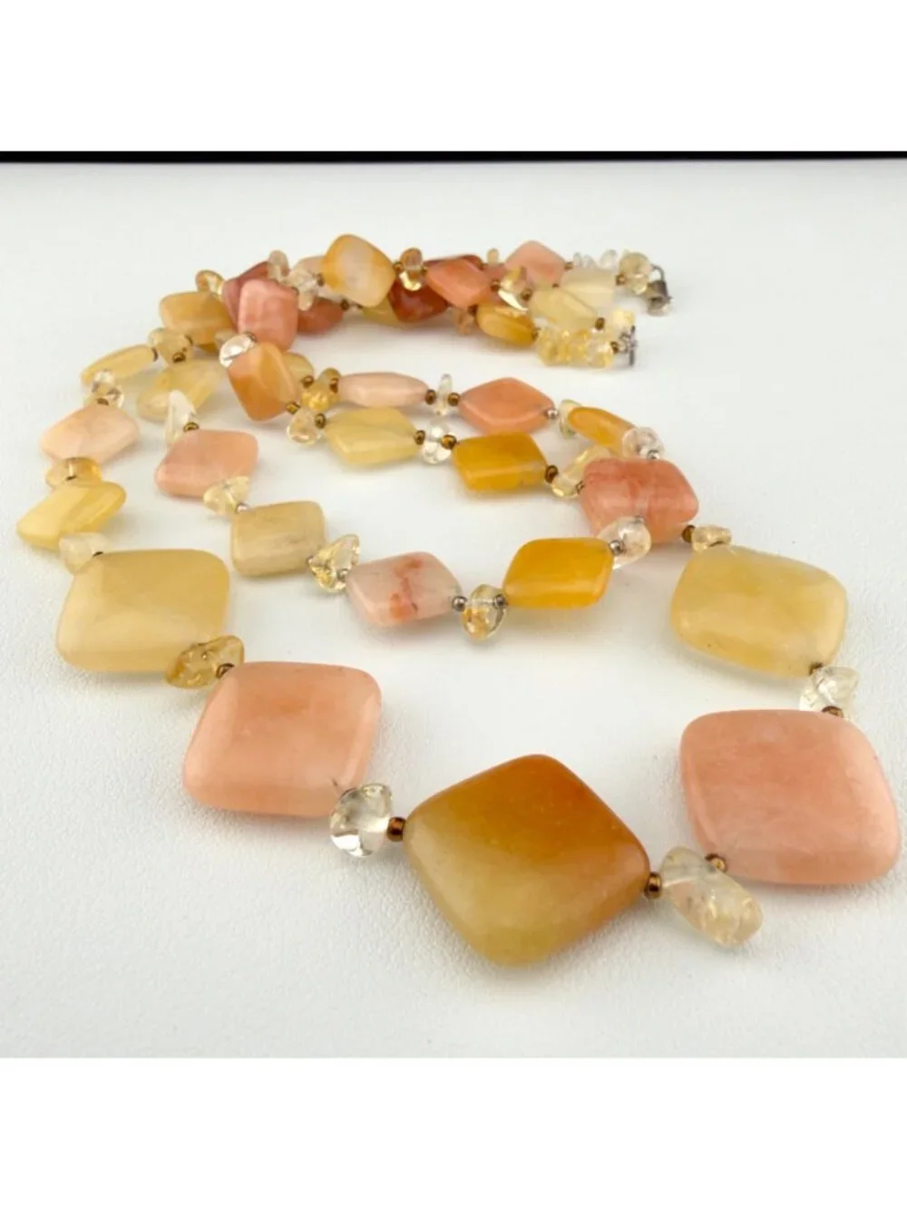 Natural Stone Beaded Necklace Double Strand Yellow Peach Sterling Silver Clasp